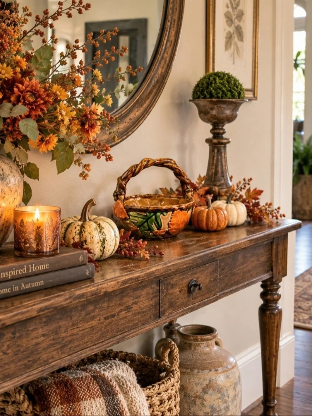 Vintage Autumn Ceramic Basket Table Decor - Orange, Green & Cream